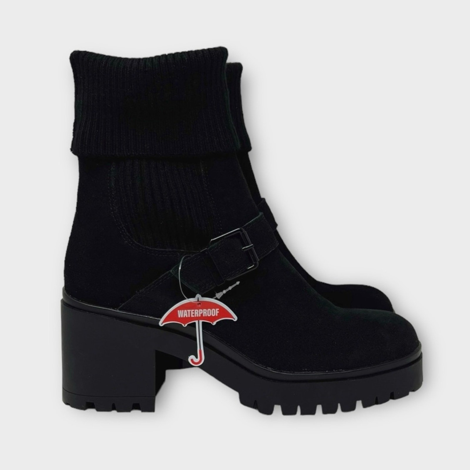 Blondo Remi Waterproof Stretch Knit Lug Bootie in Black Suede Size 10 NEW