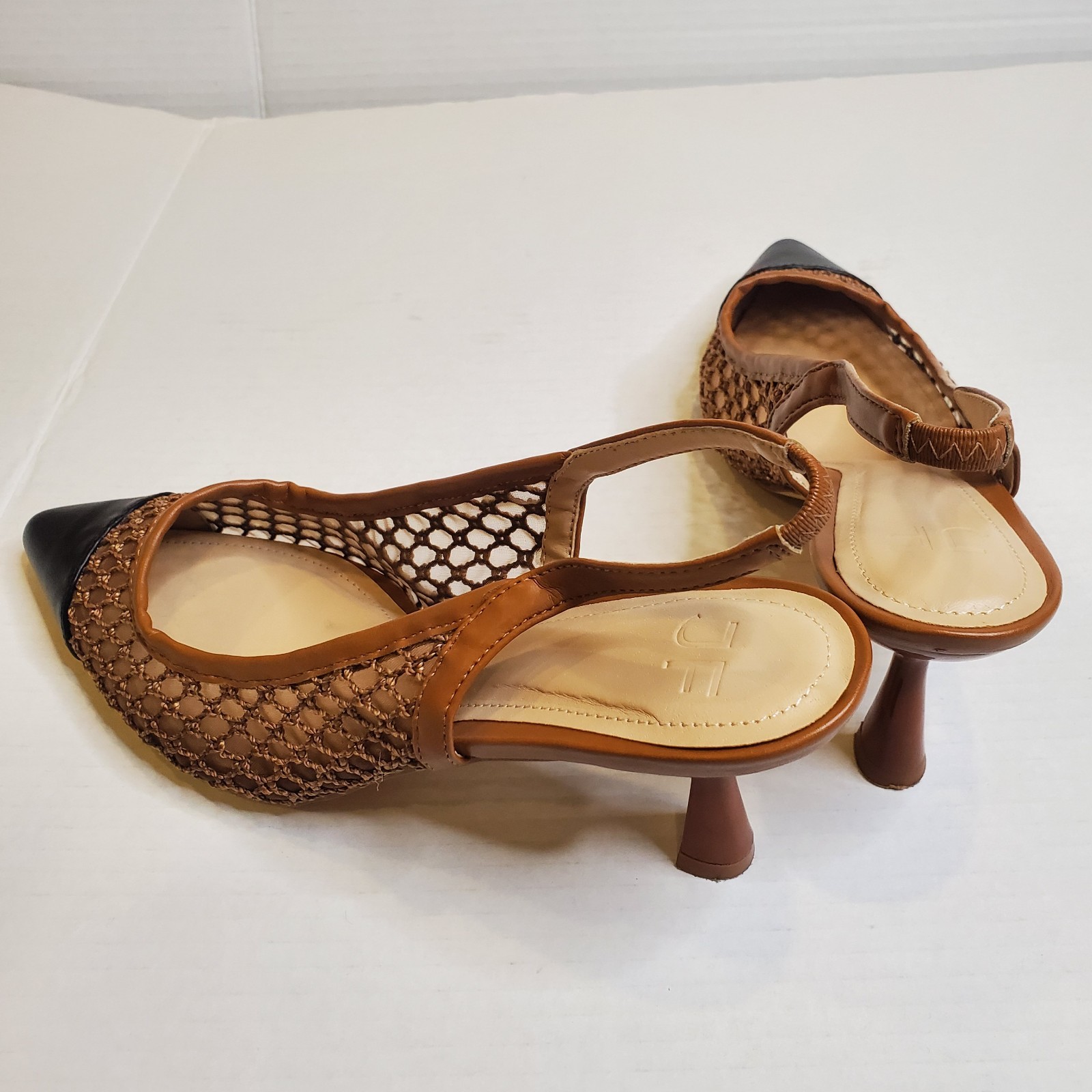 Just Fab Jordan Womens Woven Fishnet Sling Back Pump Heel Brown/Black Shoe Sz 9