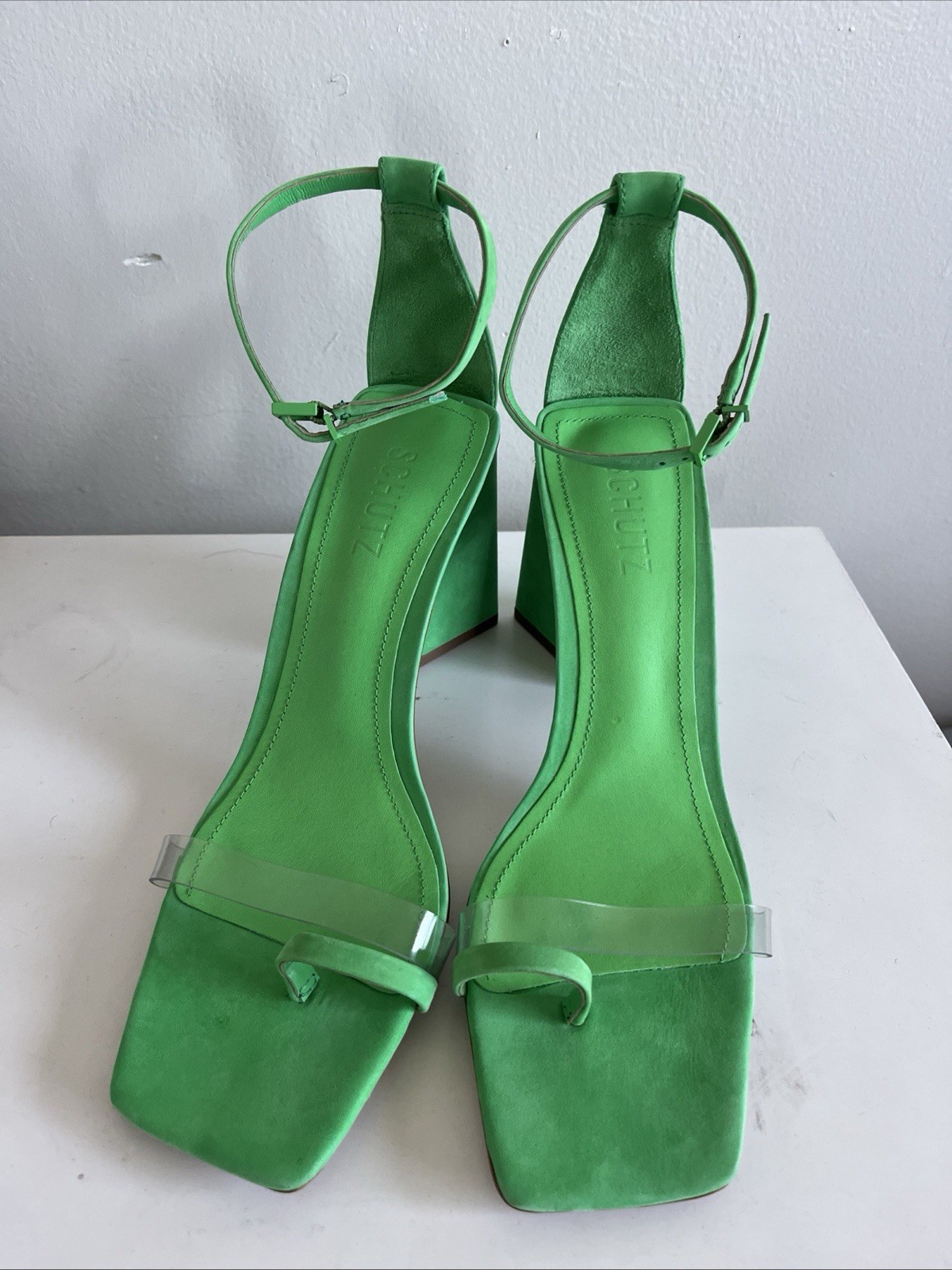 SCHUTZ Bright Green Suede Block Heel Sandals with Clear Toe Strap size 9
