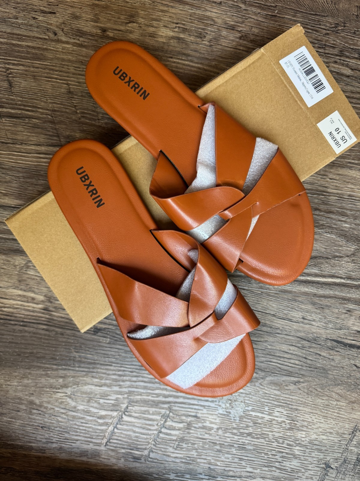 Women’s Flat Sandals Size 10 Cognac Minimalist Cross Strap Summer Slip On