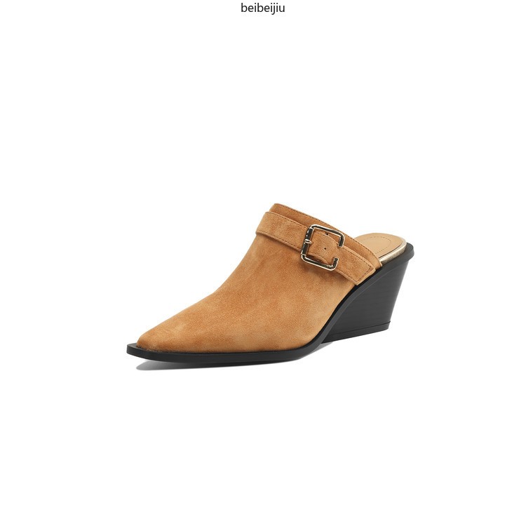 Women’s Closed Pointed Toe Slipper Mid Wedge Heel Sandals Suede Leather Shoes