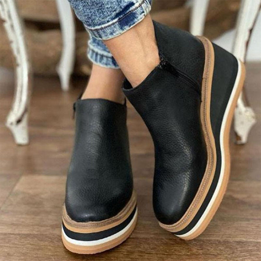 Women’s Ladies PU Leather High Mid Heel Wedge Work Ankle Boots Size UK2.5-8.5