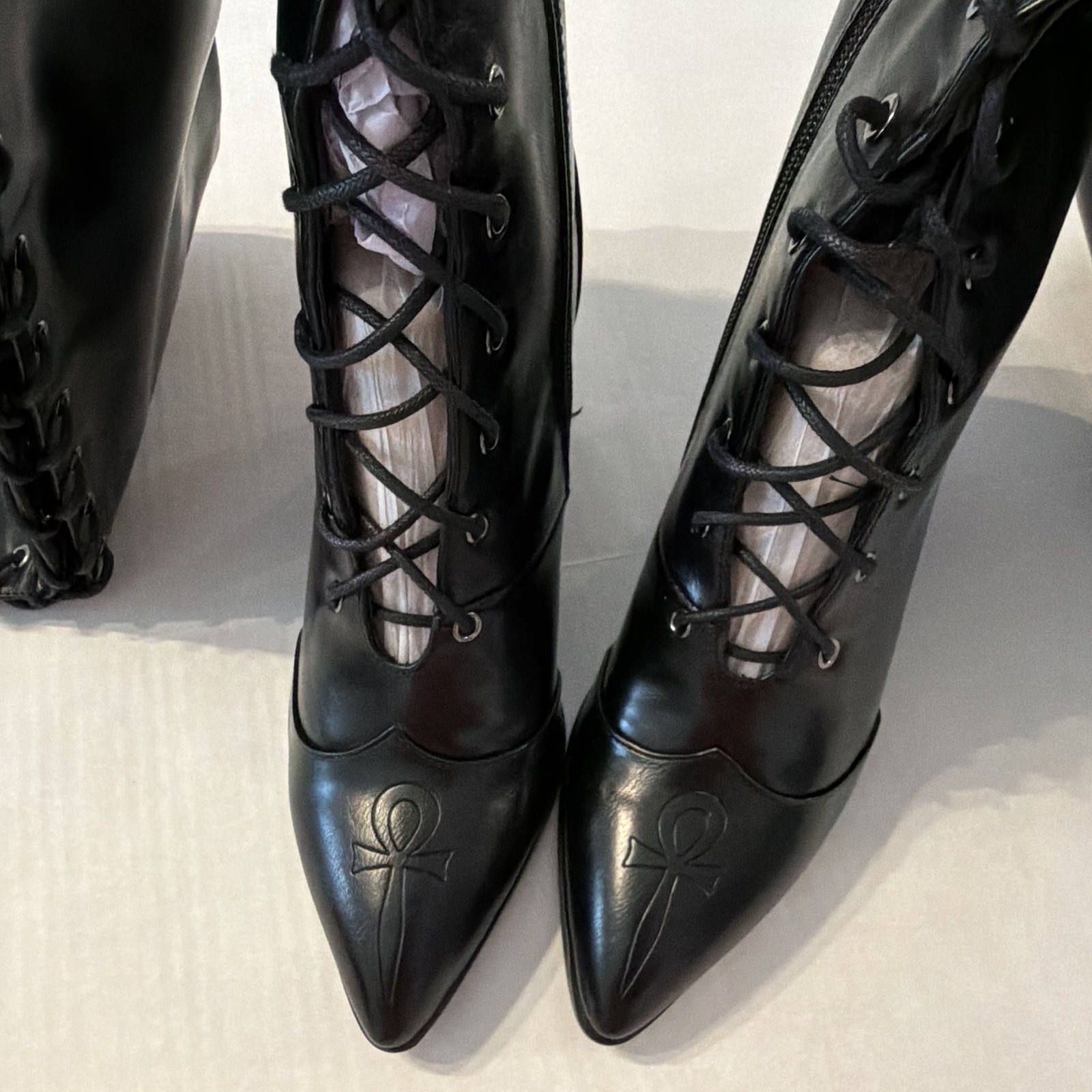Killstar Occult Luxury Ankh Eveninghill Black Knee High Lace-Up Boots US 8