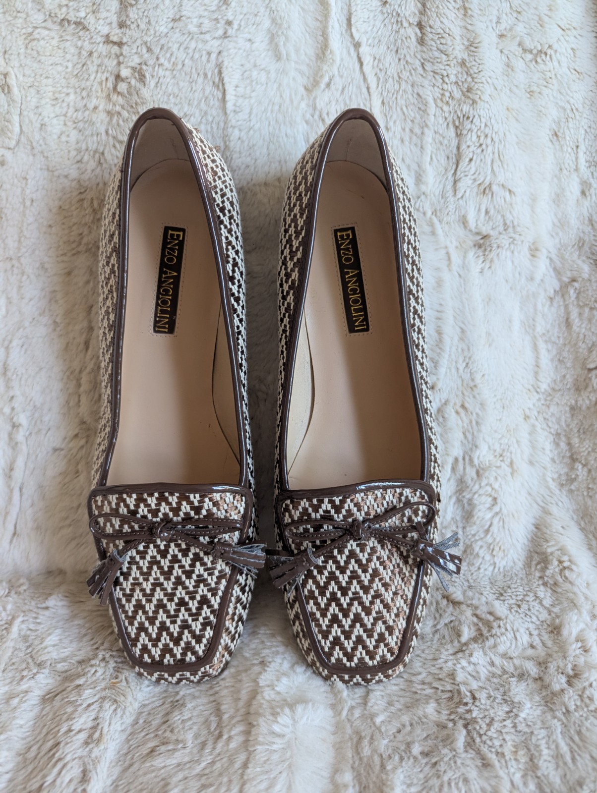 Enzo Angiolini Houndstooth Loafer Heels Tassel Bow Pumps Size 9M