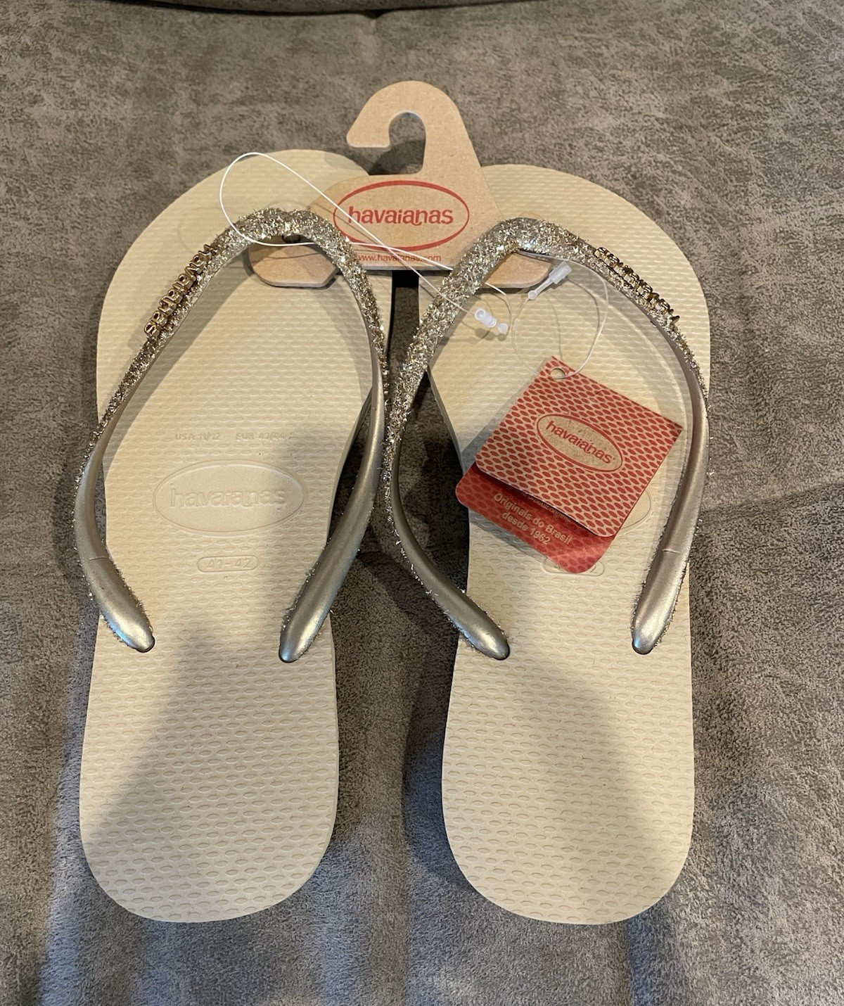 Havaianas Women’s White/Silver Glitter Logo Flip Flop Sandals Rubber 11/12