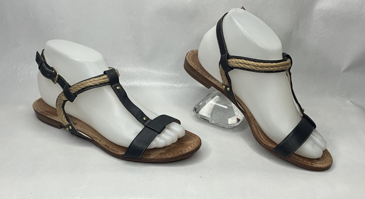 Brooks Brothers Navy Blue Leather Braided T-Strap Sandals Women’s Size 8