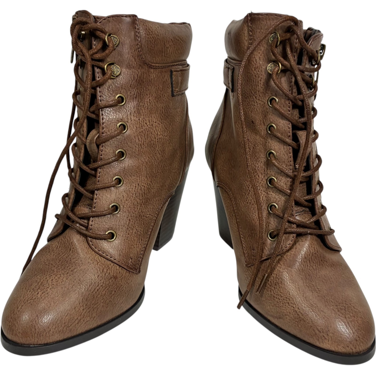 Daisy Fuentes Calida Brown PU 3.5in Block Heel Zip Ankle Booties womens size 9W