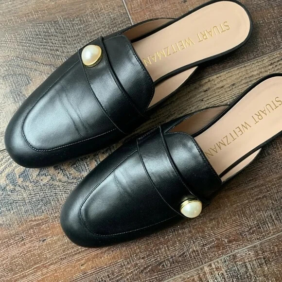 STUART WEITZMAN Payson Slide Faux Leather Pearl-Embellished Slippers Women US 6