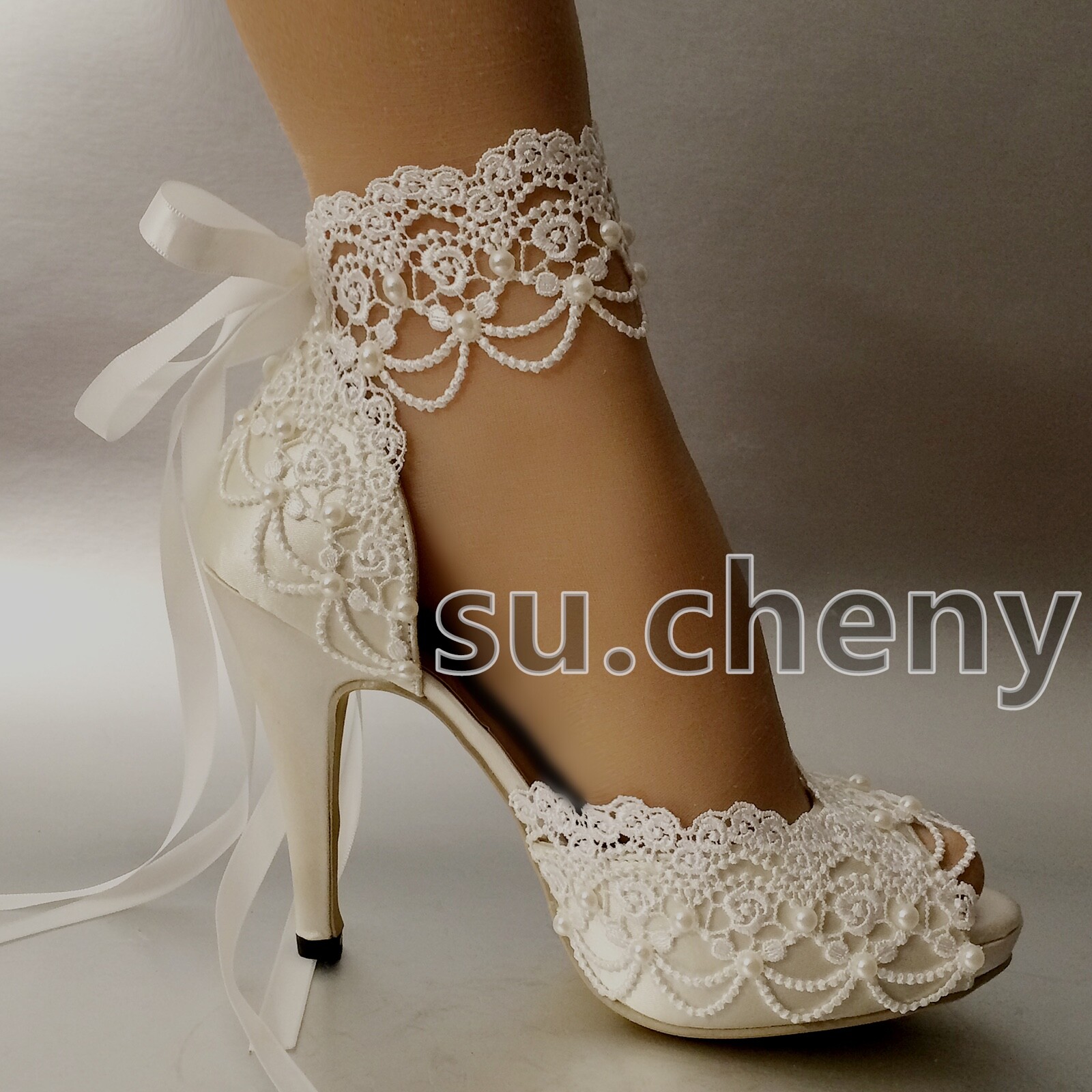 su.cheny 3″ 4” heel white ivory satin lace ribbon peep toe Wedding Bridal shoes