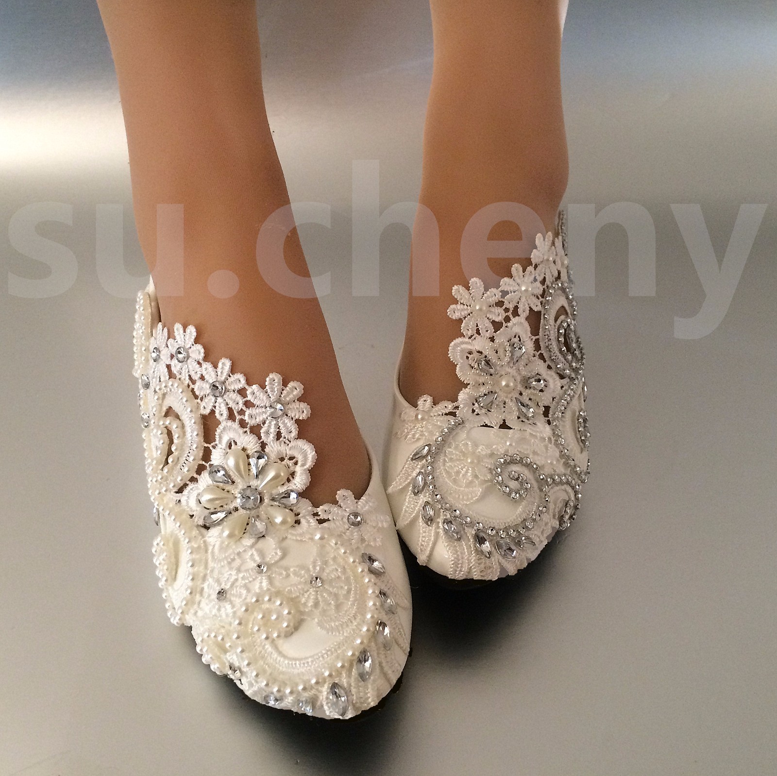 su.cheny White ivory pearls rhinestones lace flat Wedding shoes Bridal size 5-13