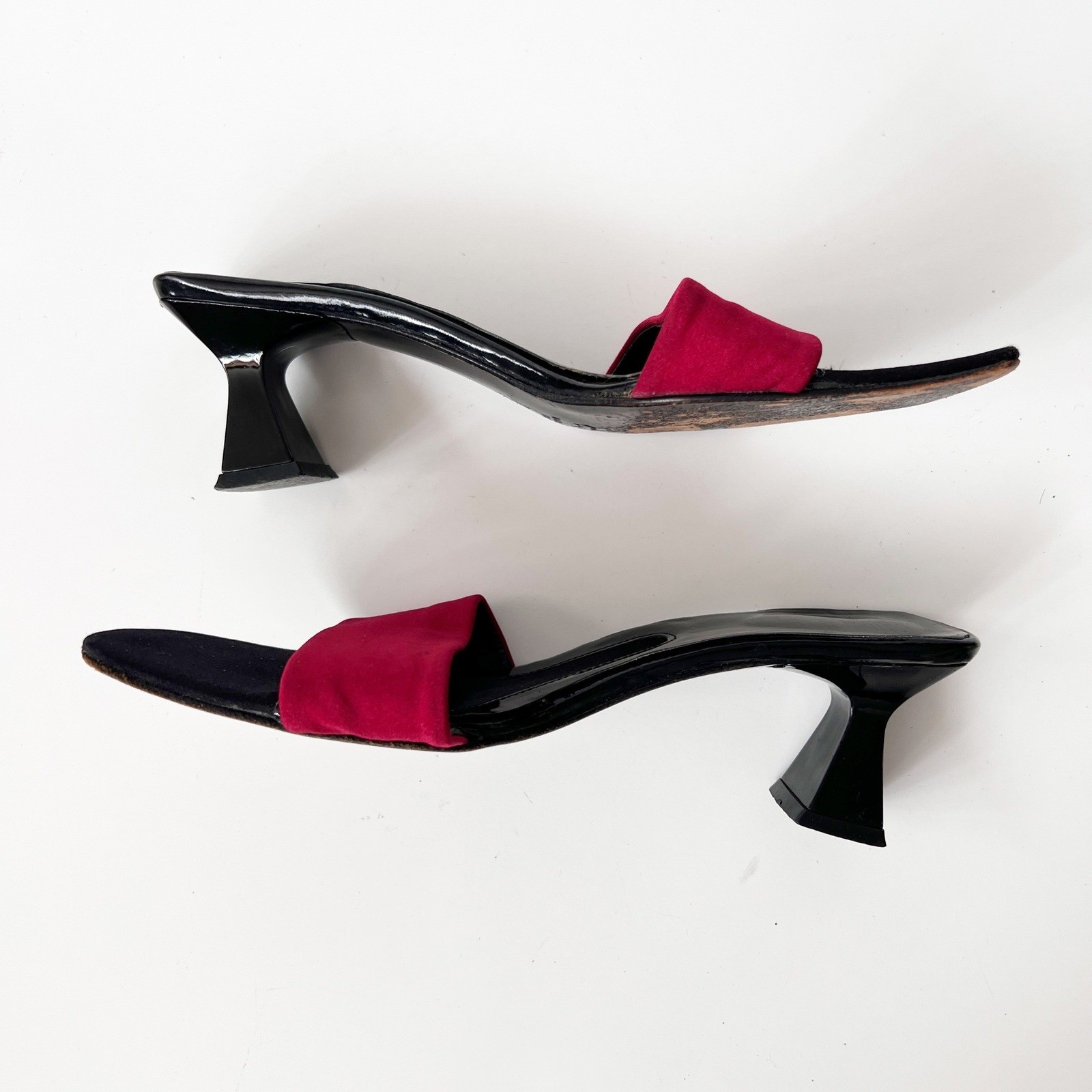 Vintage 90s Kitten Heel Mules Size 7.5 Black Red Square Toe Italian Sculptural