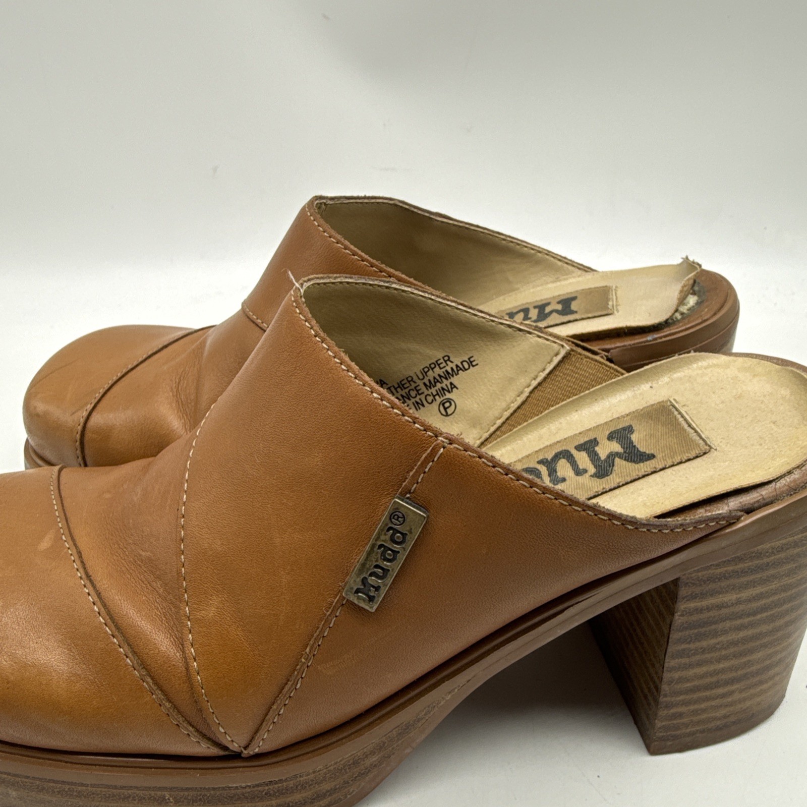 Mudd Mules 7M Brown Leather Square Toe Clogs Slide Chunky Platform Heels 90s Y2K
