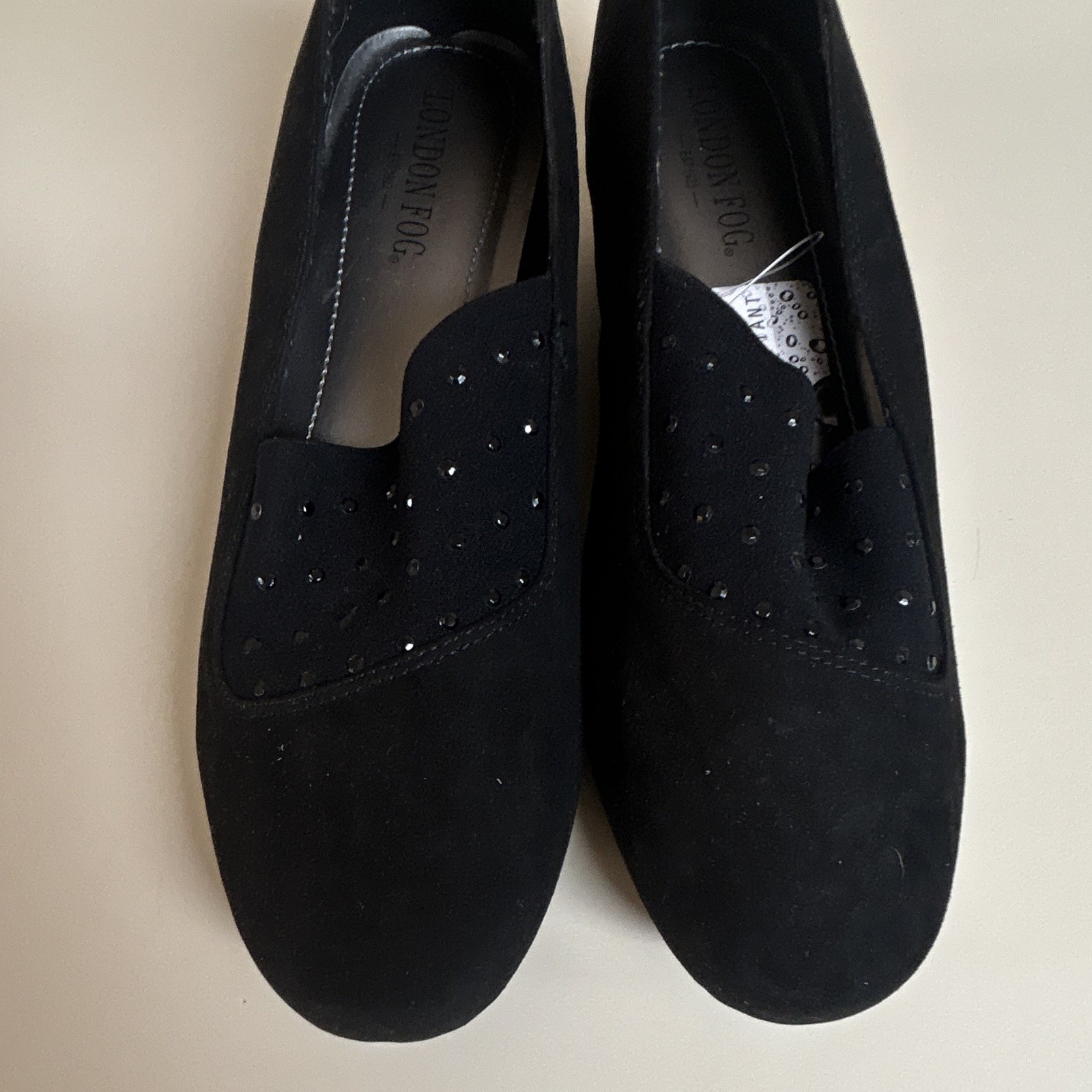 London Fog Women’s Black Faux Suede Slip-On Loafer Flats Rhinestone Size 9