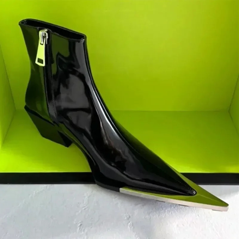 Luxury Designer Pointed Toe Chelsea Boots Women 2025 Fall Chunky Heel Metal Toe