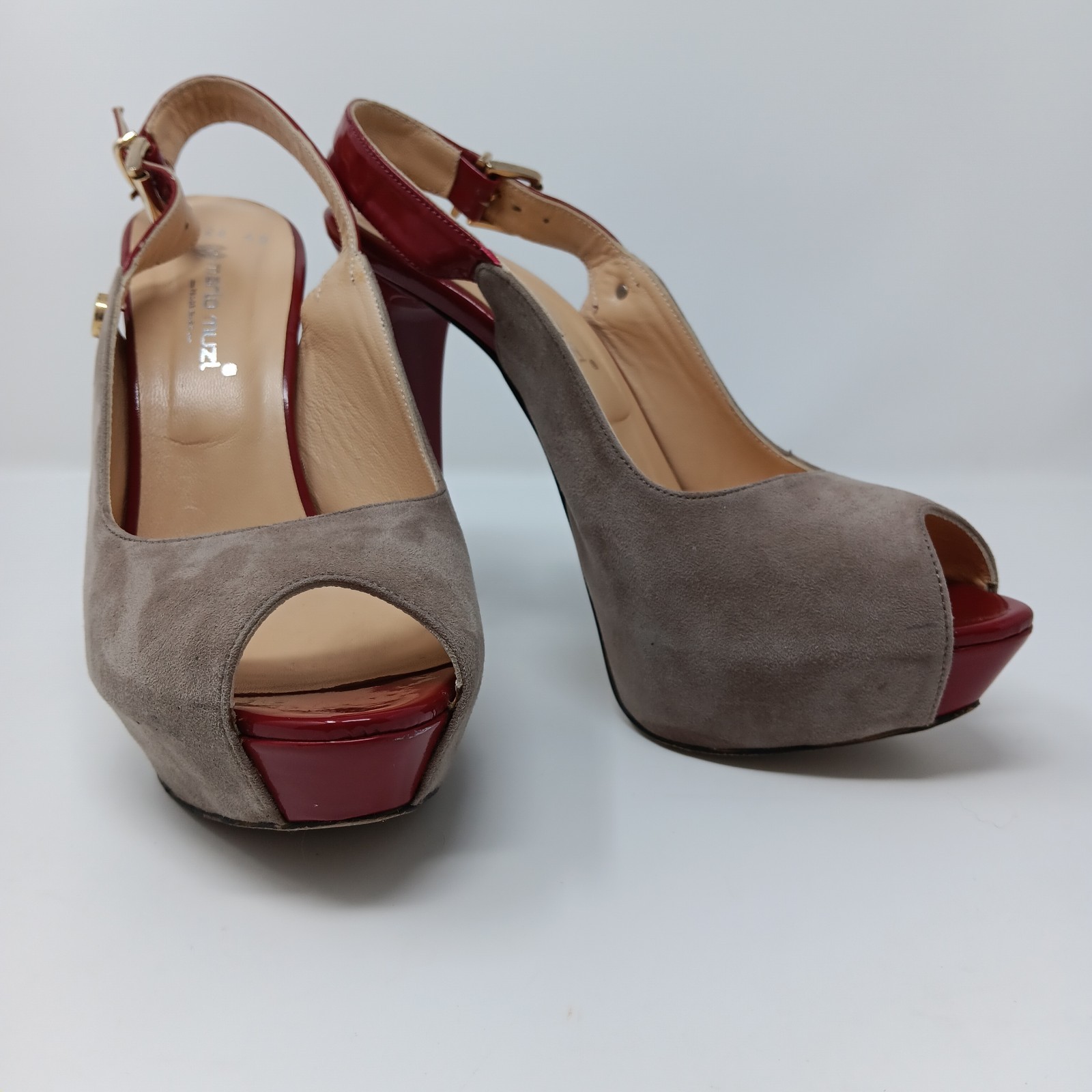 Mario Muzi Suede Red Patent Platform Slingback Peep Toe 5in Heels EU 40 US 9 9.5