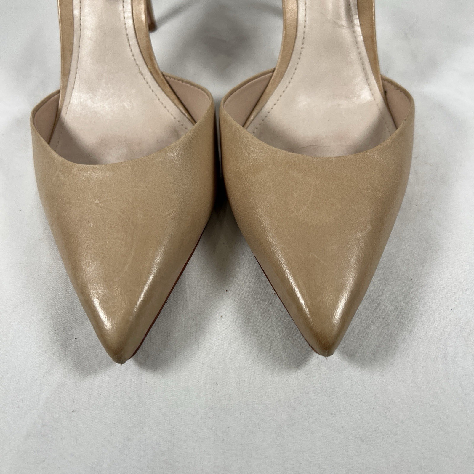 Schutz Nude Leather Pointed Toe Heels Ankle Tie Minimalist Quiet Luxury Sz 9.5B
