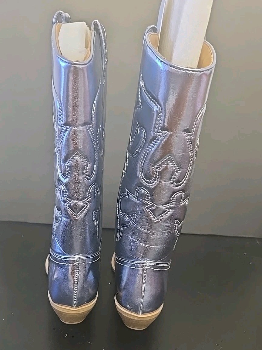 Soda RENO Women Western Cowboy Sky Blue Mettallic Boots, Size 9