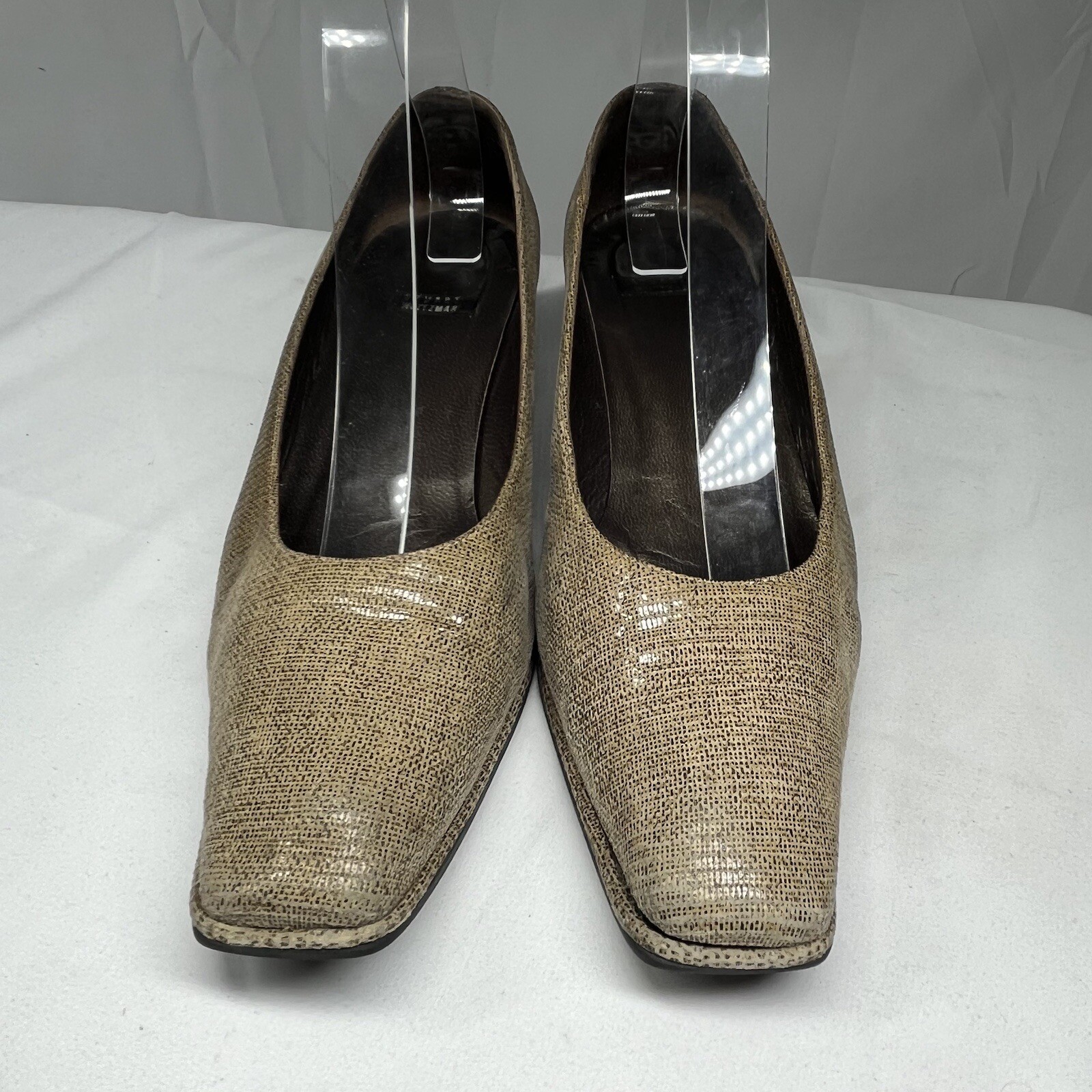 Stuart Weitzman Shoes Square Toe Block Heel 39 US8.5 Tan Textured Embossed Suede