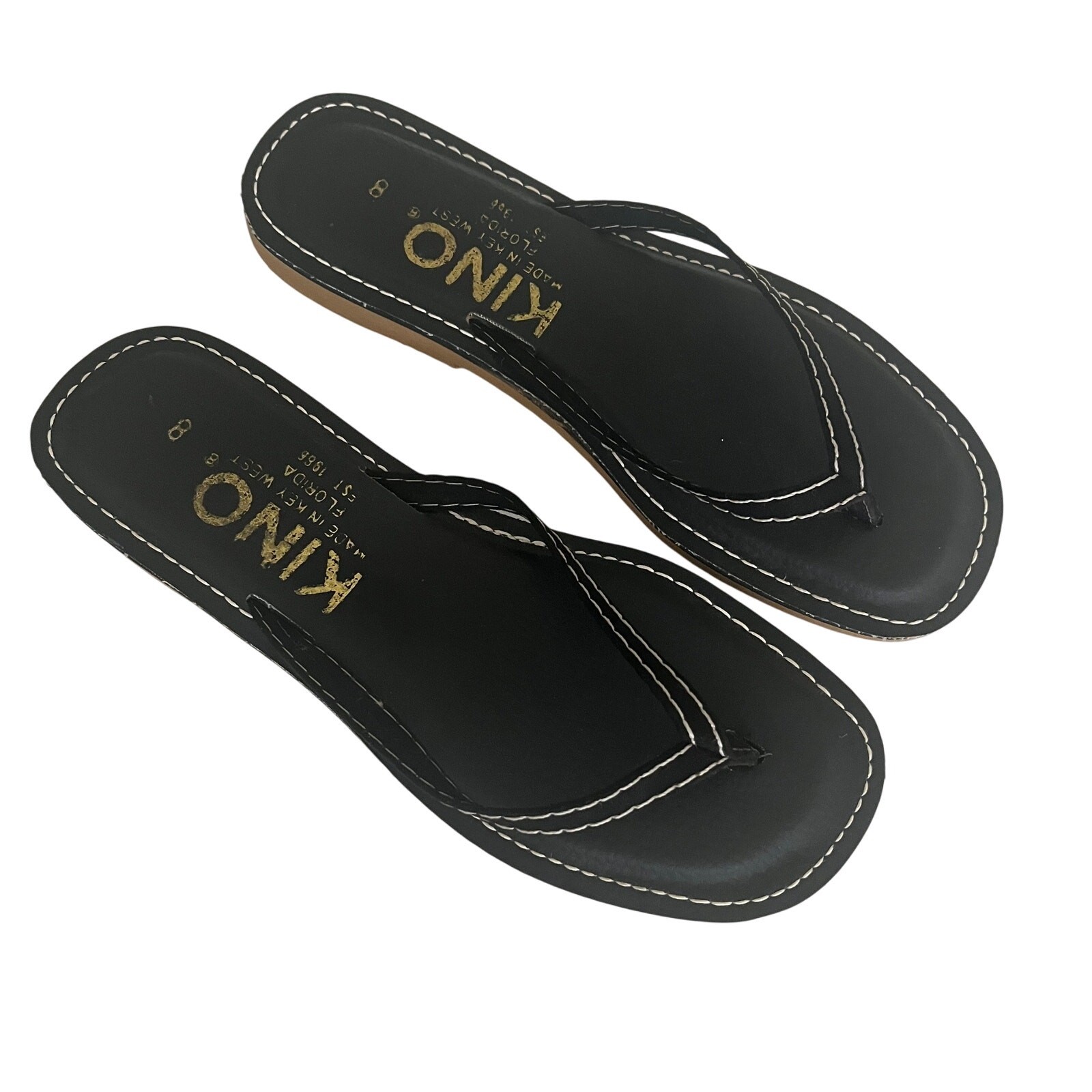 KINO Key West Leather Sandals Women’s 8 Flip Flop Black Thong Beach