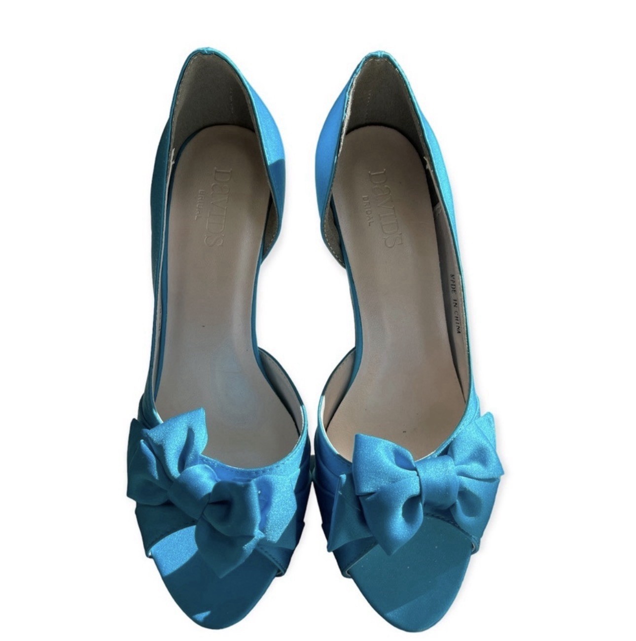 David’s Bridal teal D’Orsay Open Toe Faux Silk Bow Block Heels Sz 7.5 New