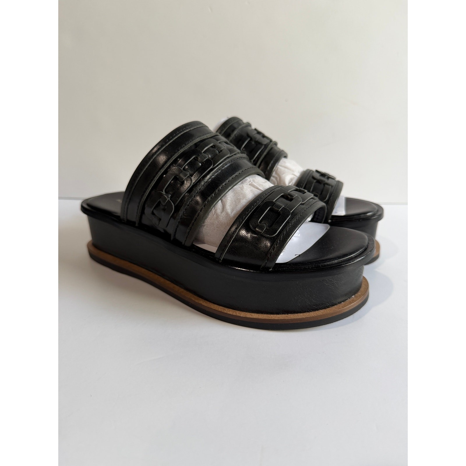 Kelsi Dagger Brooklyn Drift Platform Slide Sandals Leather Black Sz 7 NEW