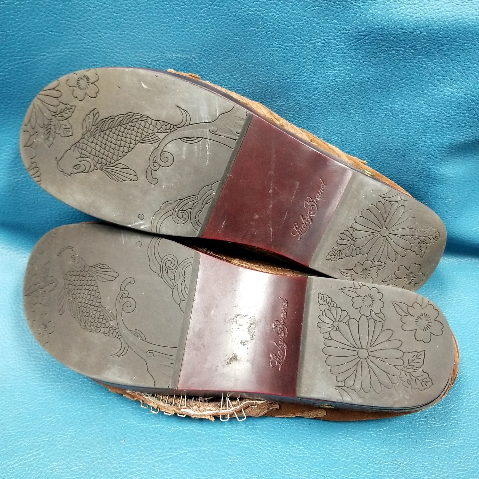 Lucky Brand Brown Leather Peace Sign Angel Wings Platform Clogs Sz 8.5 Y2K Style