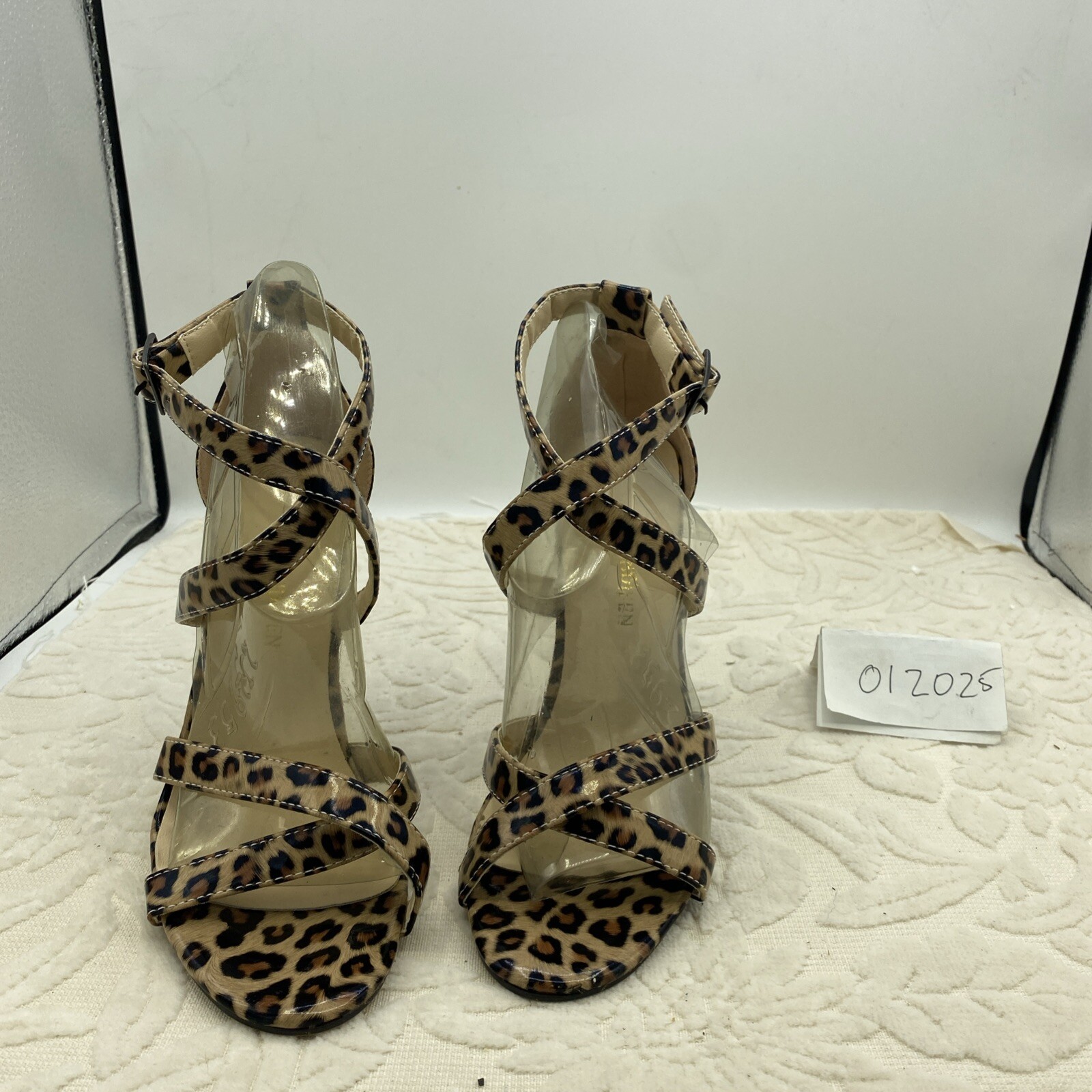 loslandifen💗Sexy Leopard Print Double Criss Cross 4.25″ Hi Heel Shoes💗Sz 6