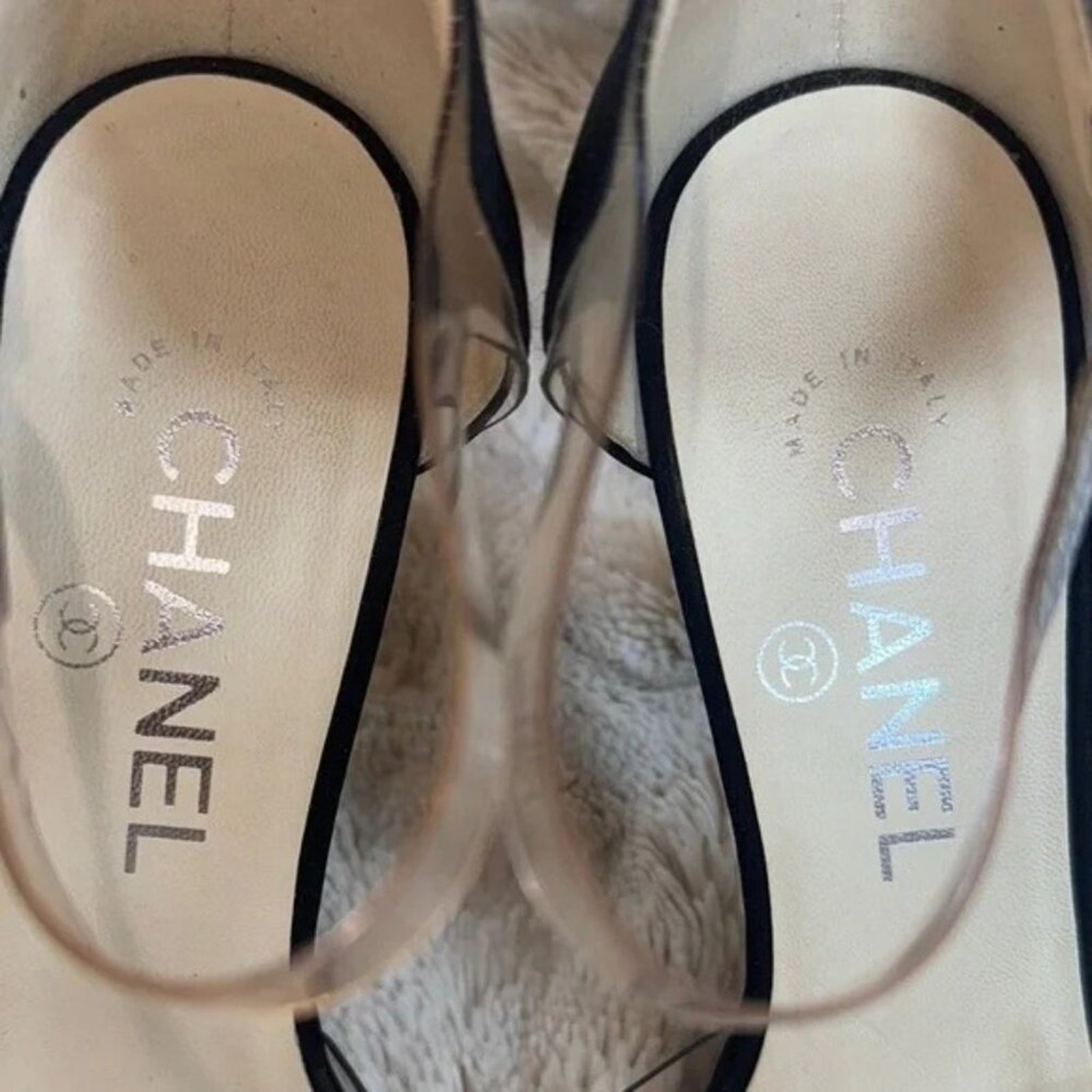 CHANEL Black & Transparent Ankle Strap Heels Size 37.5/ US 7 Made In Italy