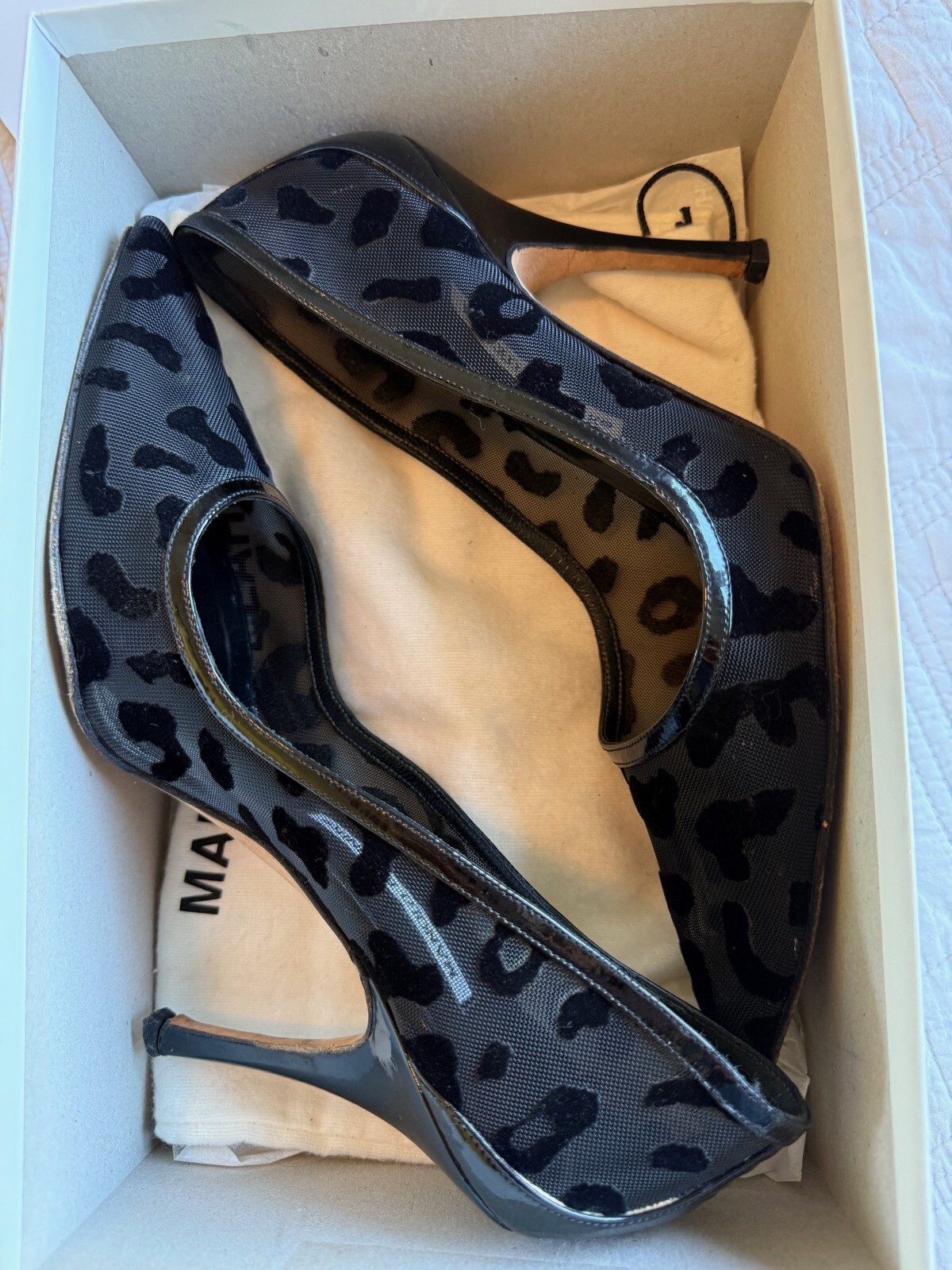 Manolo Blahnik Black Semi-Transparent Leopard Print Pointed Toe Heels