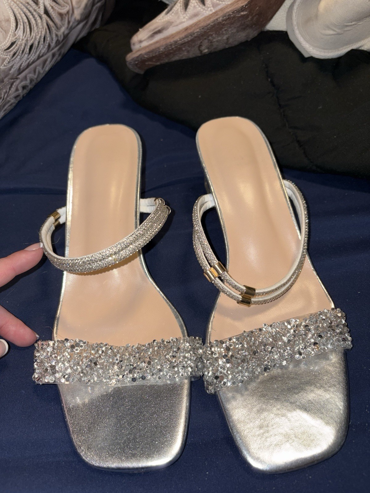 Women’s Silver Rhinestone Glitter Slide Sandals, Slip-On Strappy, Size 9.5