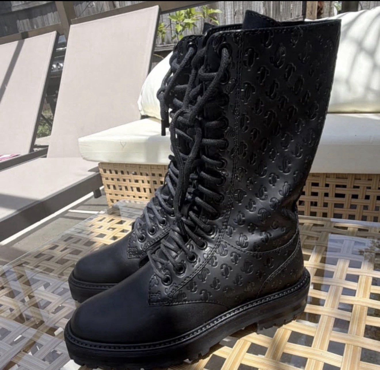 Jimmy Choo Black Leather Knee-High Combat Boots Lace Up Zipper Women’s 7.5