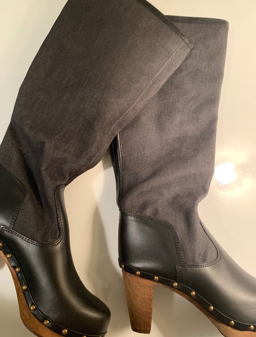 Anthropologie Boots 8 SANITA Knee High COLLAGE Waxed Canvas Leather Clog 39 NWT