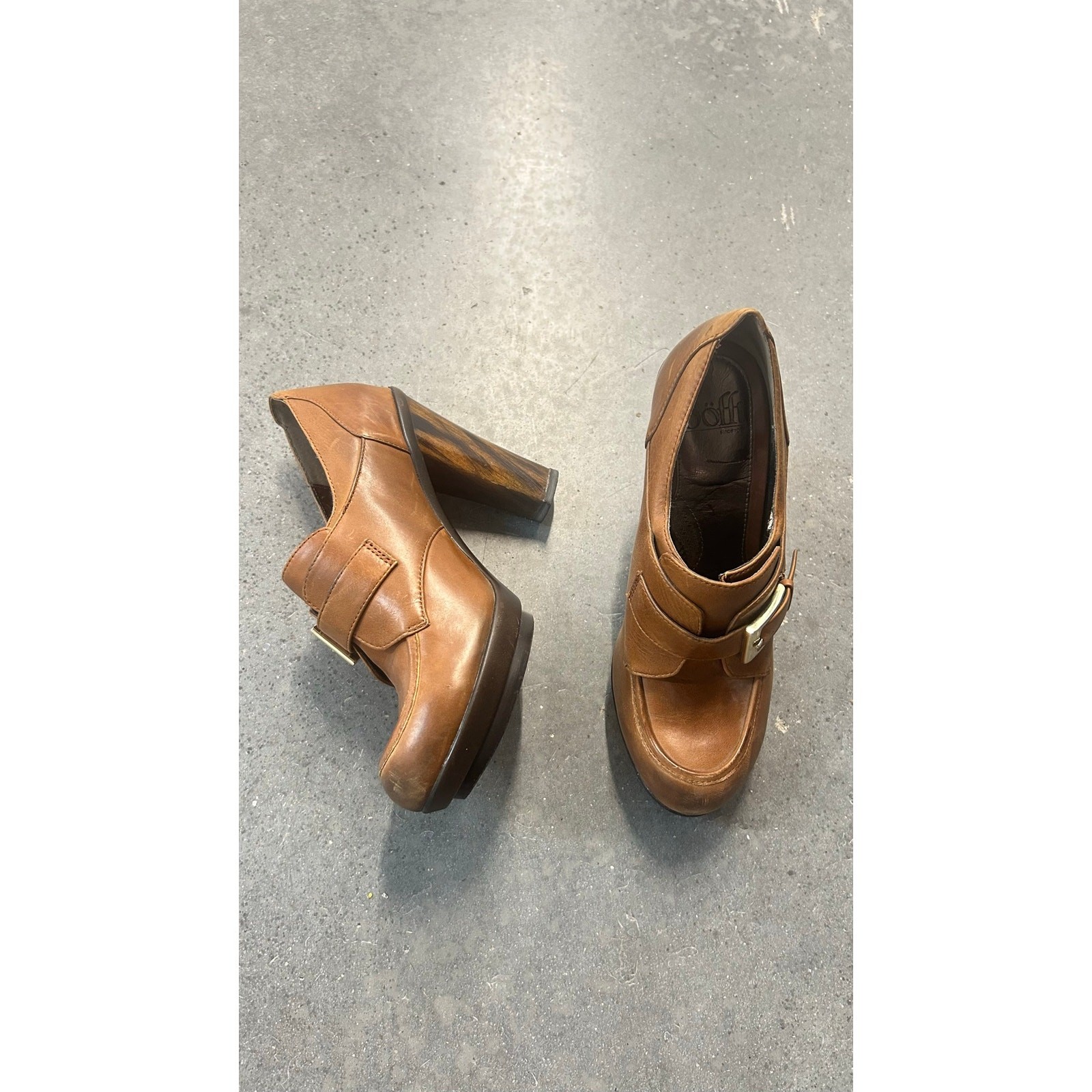 SOFFT Brown Leather Buckle Platform Heels