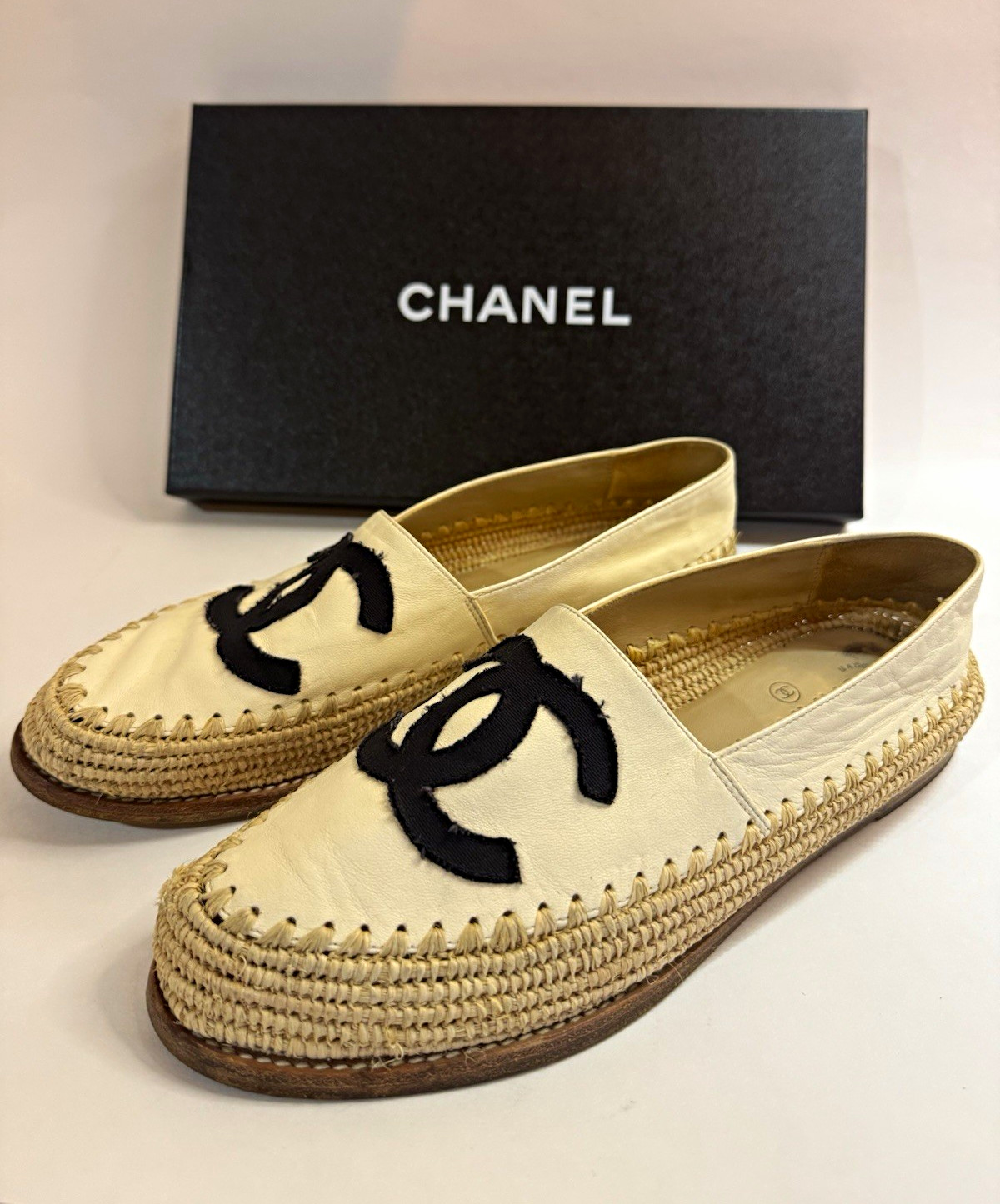 CHANEL Beige/Black Leather Espadrille Flats CC Logo Slip-On Women’s 7.5