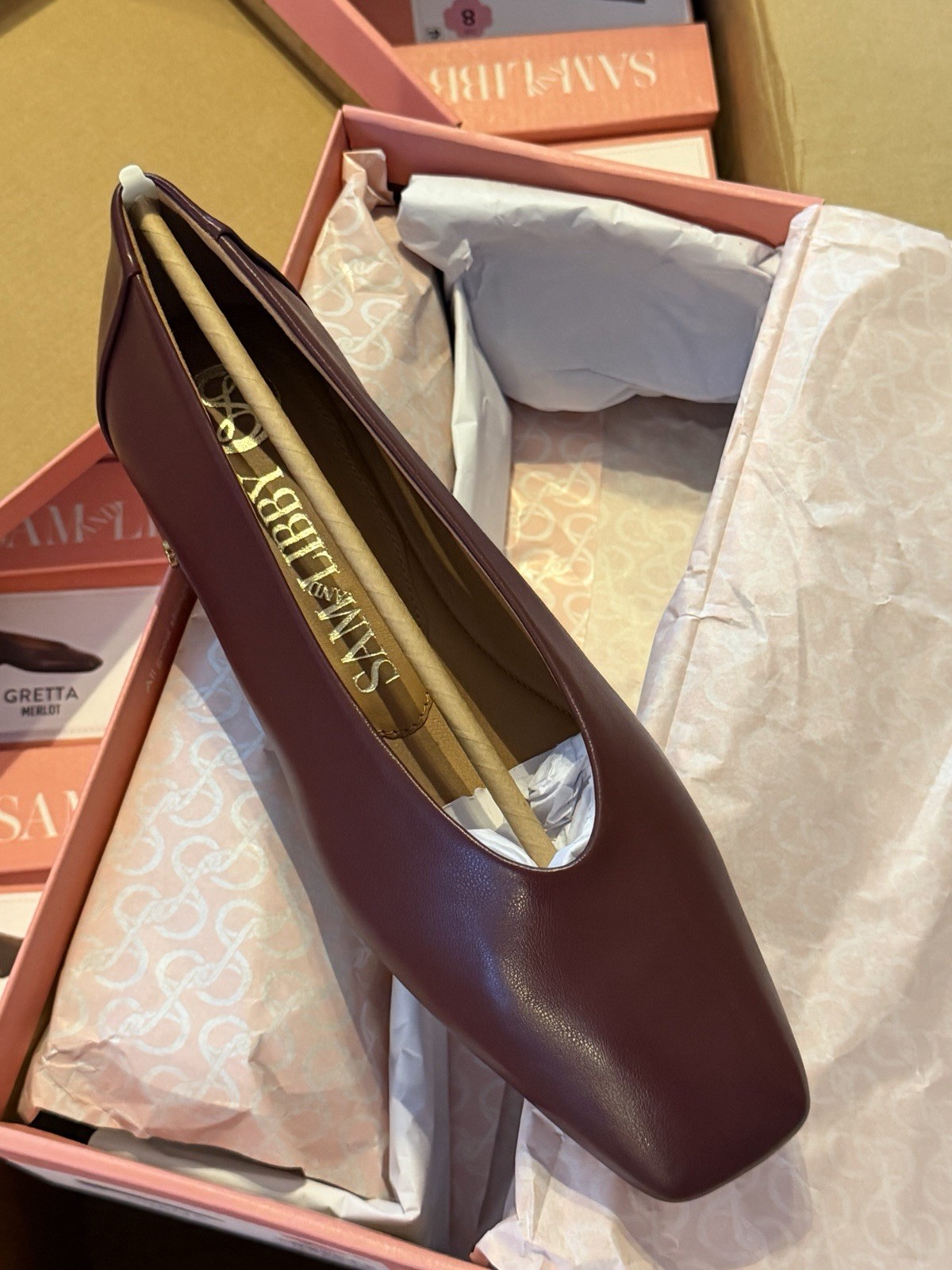 12 Pair Of Sam and Libby Gretta Square Toe Ballet Flats Deep Merlot, Case Lot.