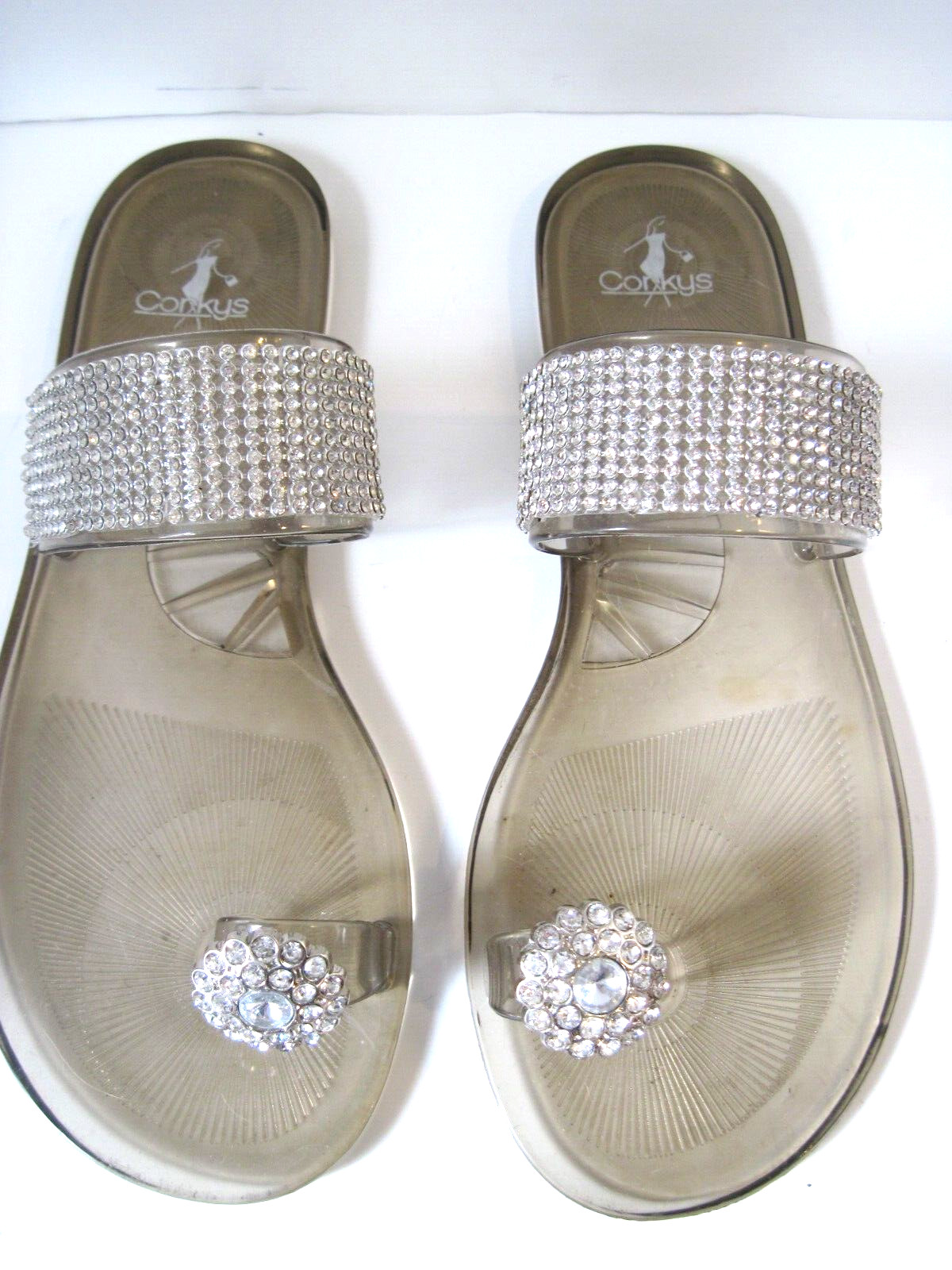 CORKYS Clear Crystal Bling Embellished Rubber Sandals Size 40, Excellent