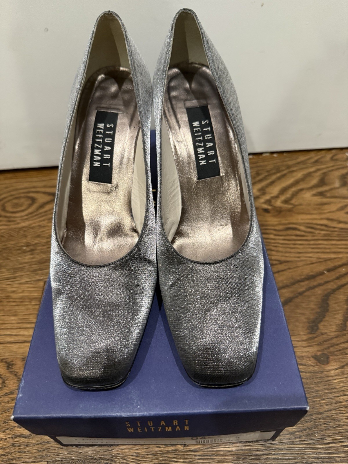 Stuart Weitzman Cana Pewter Square Toe Matte Shine Pumps 2.5” heel metallic