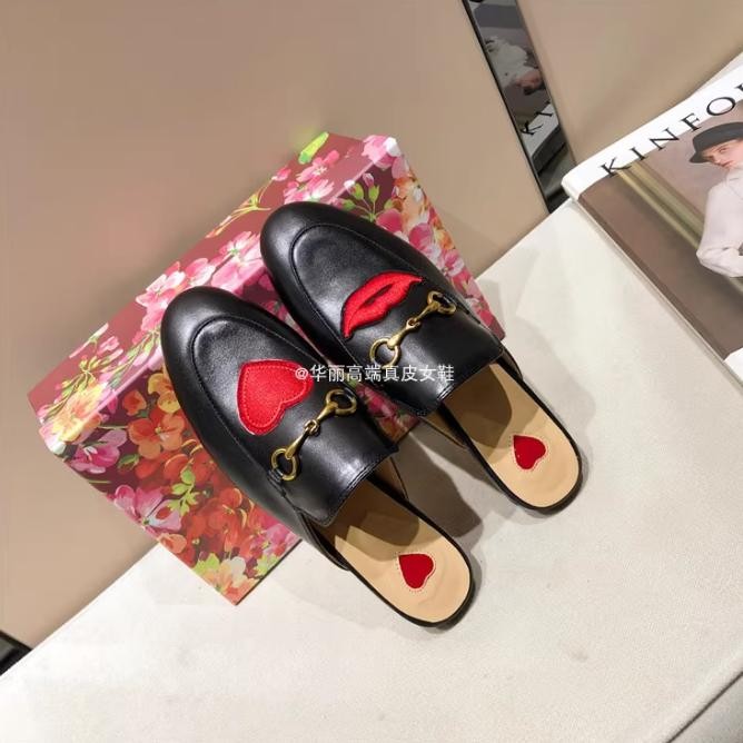 Women Leather Slippers Embrodiery Mules Princetown Horsebit Mules Shoes 35-42