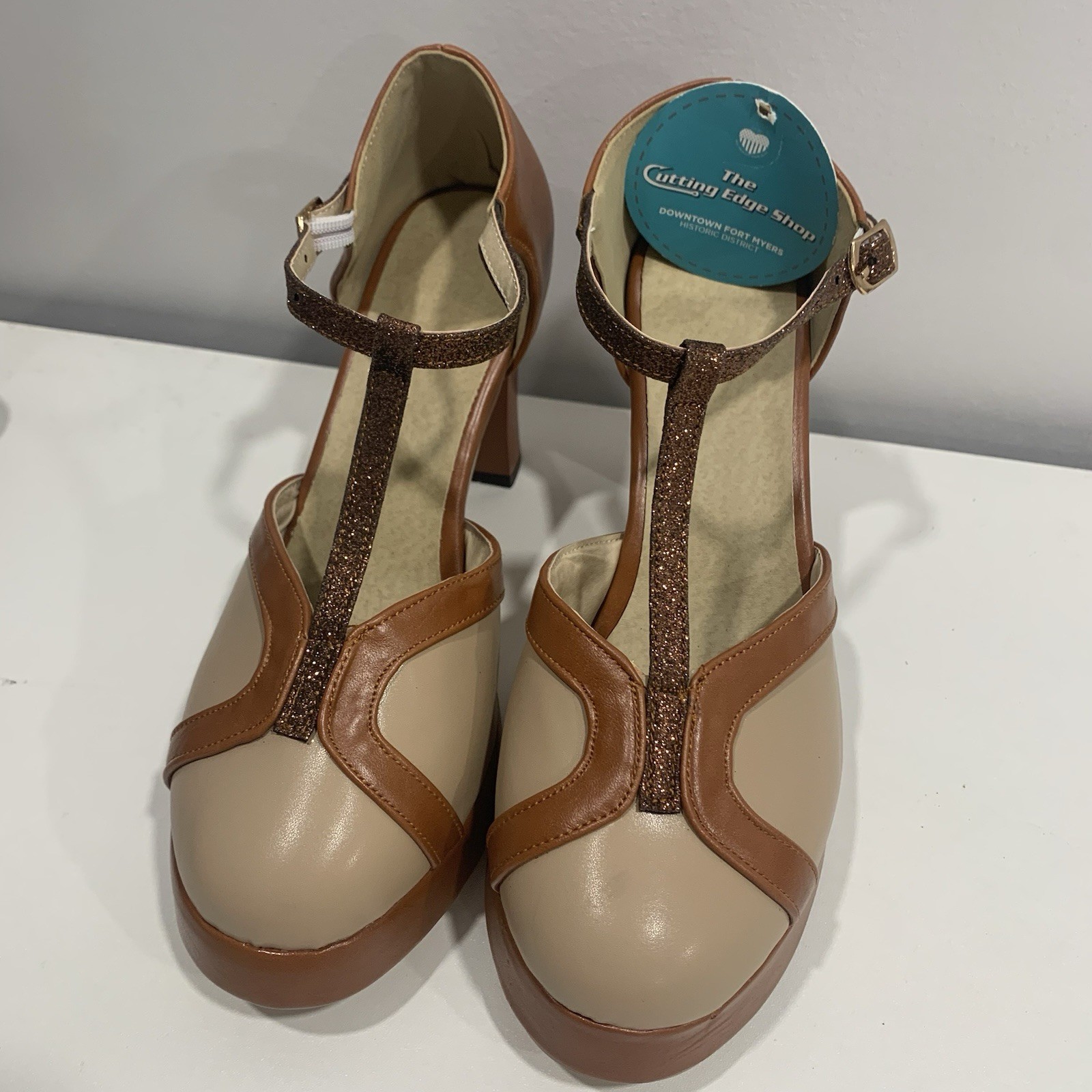 Chic Mary Jane Ankle Strap Block Heel Shoes Brown Women’s EU 38 US 7.5-8 Sparkle