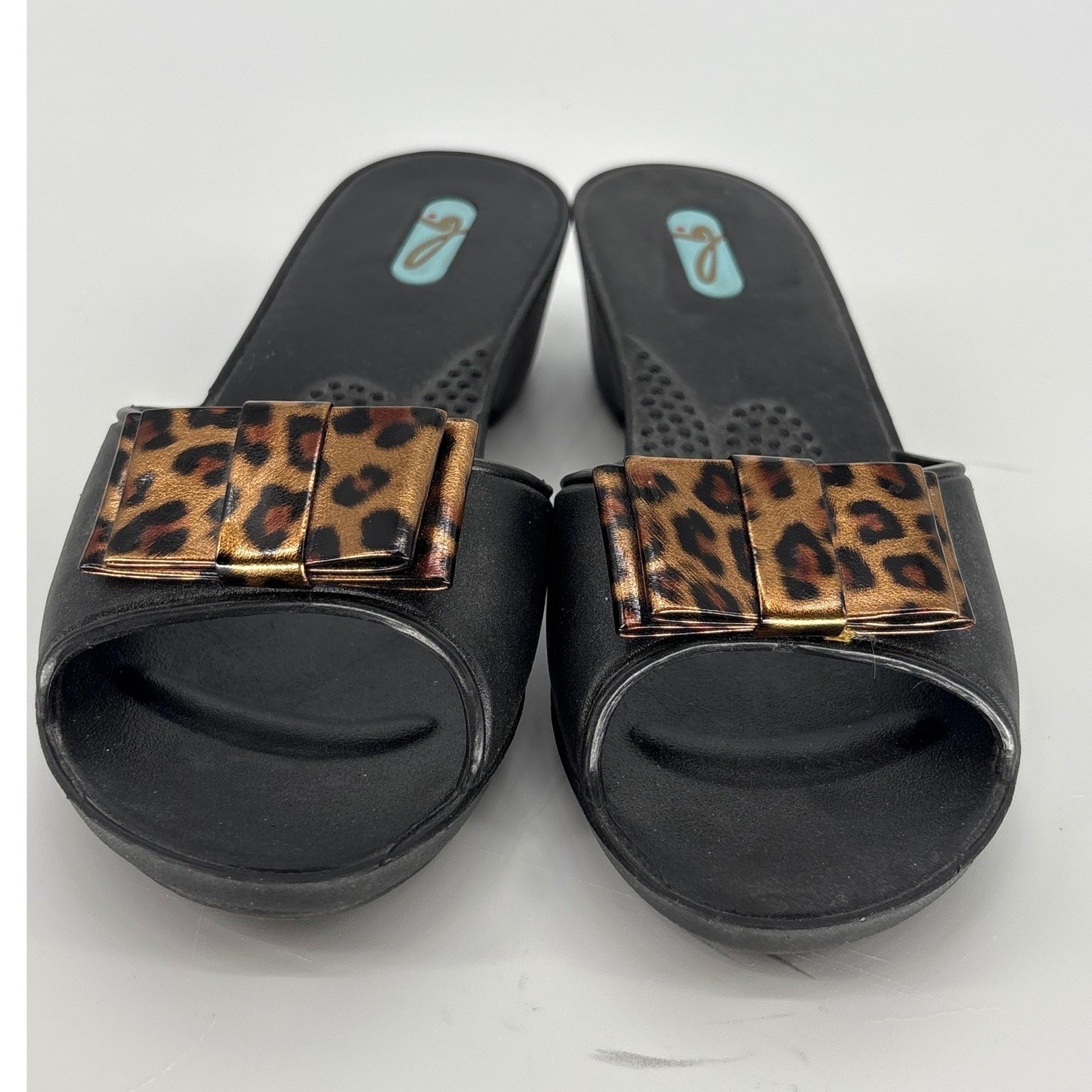 Oka-B Leopard Bow Wedge Sandals Womens 6 Black Slides Shoes Made in USA
