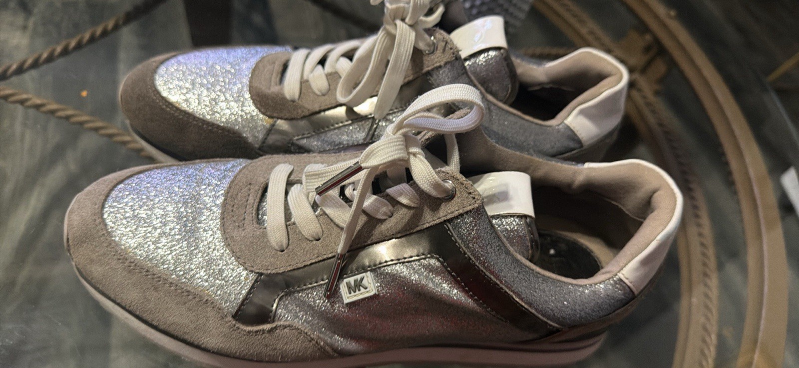 Michael Kors Glitter Logo Lace Up Athletic Sneakers Silver Gray White Leather