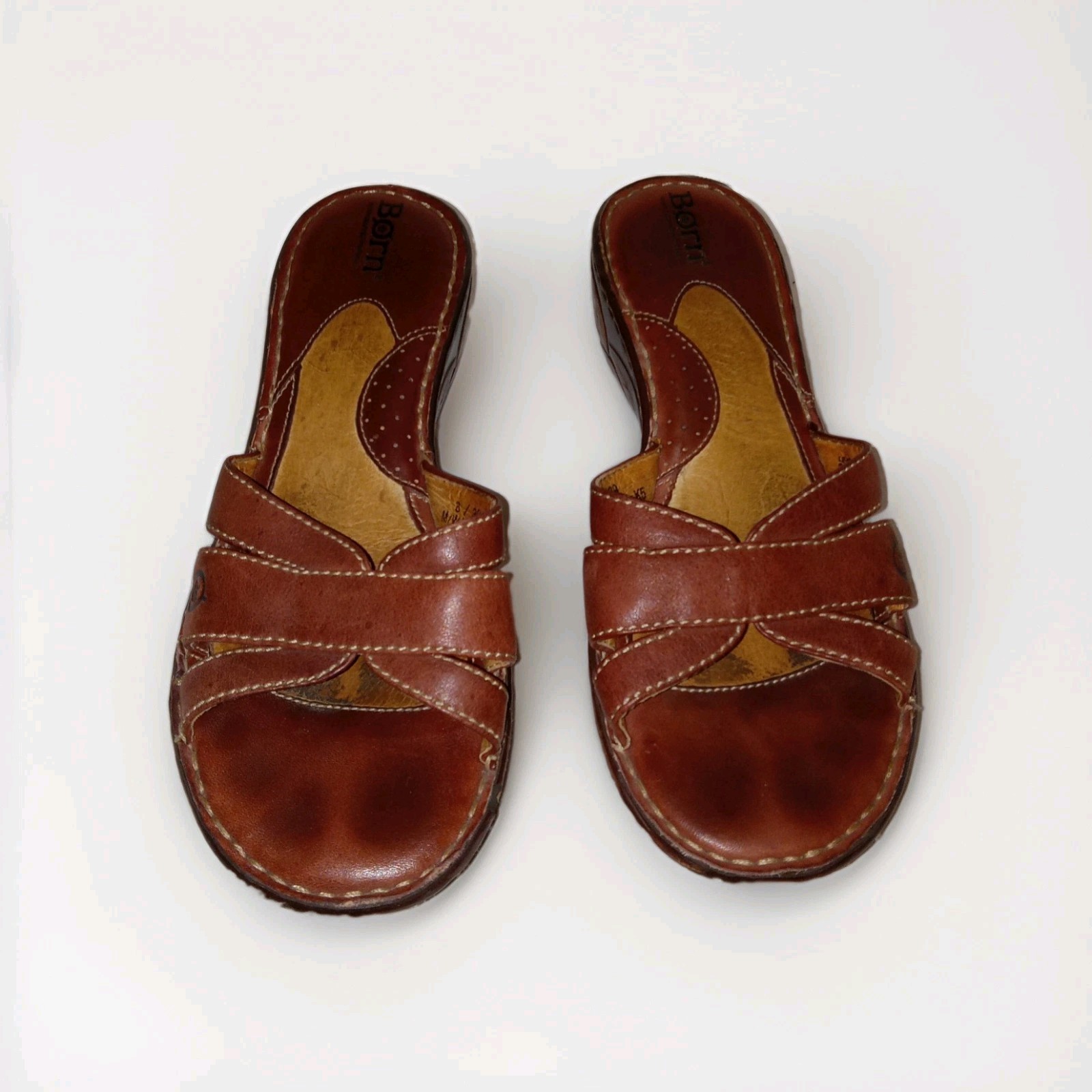 Women’s Born Sandals leather wedge slip on padded sole Brown Sz 8