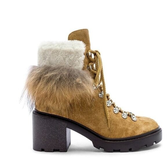 Sigerson Morrison Naia Suede Fur Trim Lace-Up Lug Sole Ankle Boots Tan Chunky 41