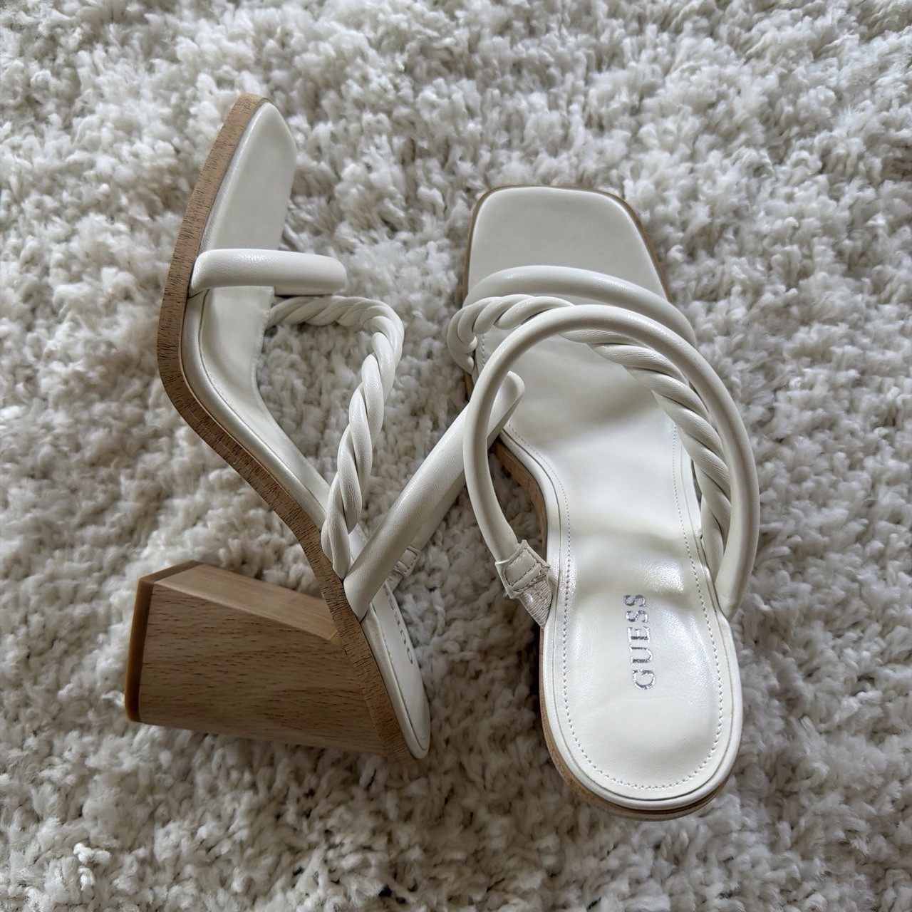 GUESS Women’s White Strappy Square Toe Block Heel Mule Sandals 9.5