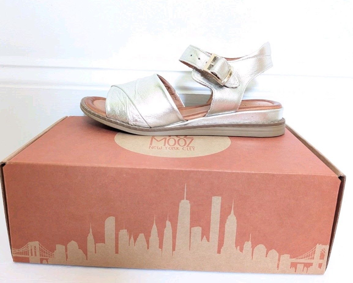 Miz Mooz Leather Adjustable Low Wedge Sandals Haley Gold EU 40W (US 9W)