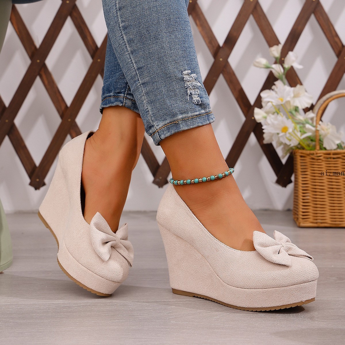 Women’s Bow-Knot Platform Wedge Pumps Slip-On Round Toe Comfort Mary Jane Shoes