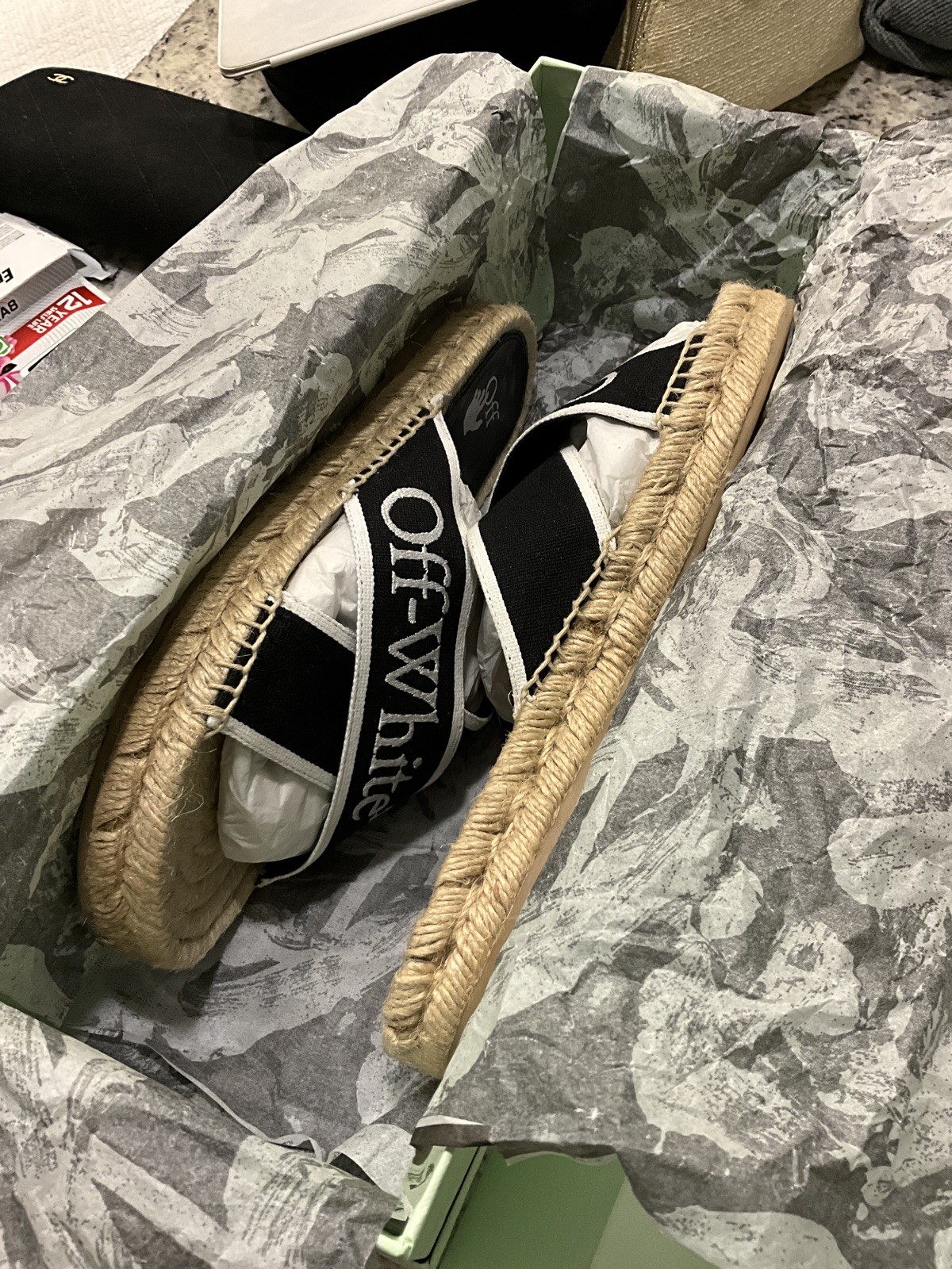 Off-White Black & White Logo Cross Strap Espadrille Slide Sandal Size Us8 Eu38