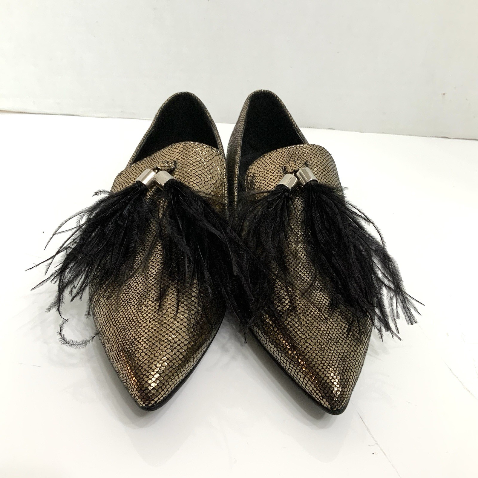 ASHRO Sz 7.5 Gold Bronze Feather Tassel Pointed Toe Metallic Loafers Party