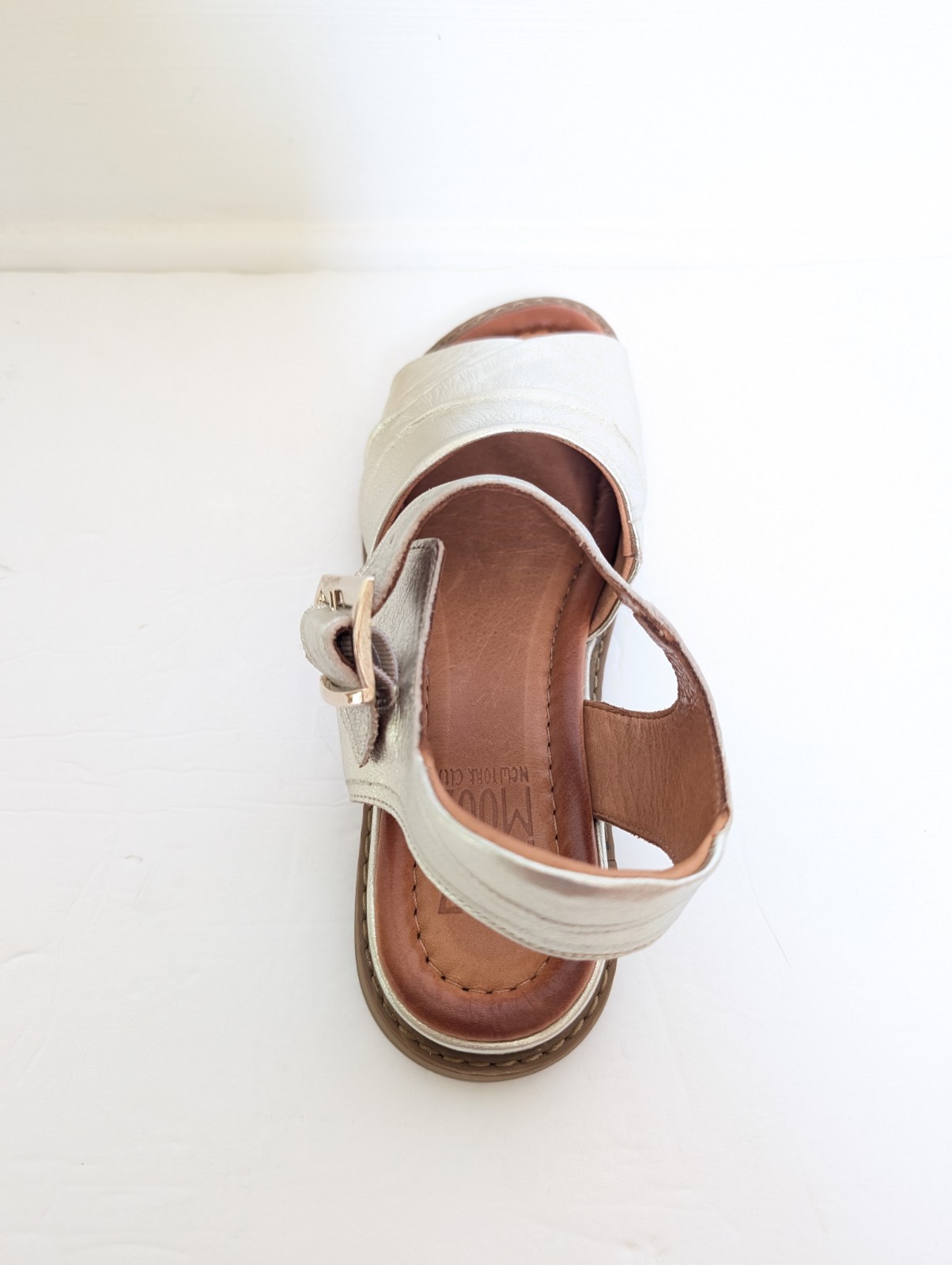 Miz Mooz Leather Adjustable Low Wedge Sandals Haley Gold EU 40W (US 9W)