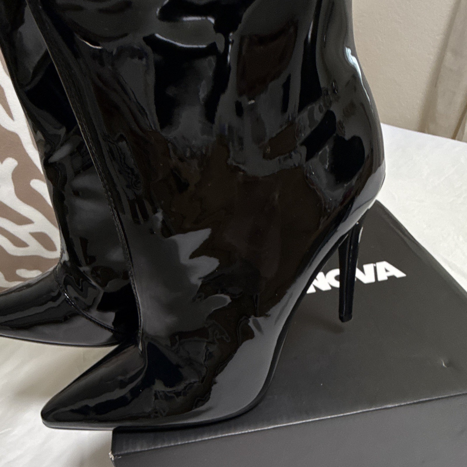 Fashion Nova Women’s Black Patent Leather Pointed Toe Zip Mid-Calf Bootie 7